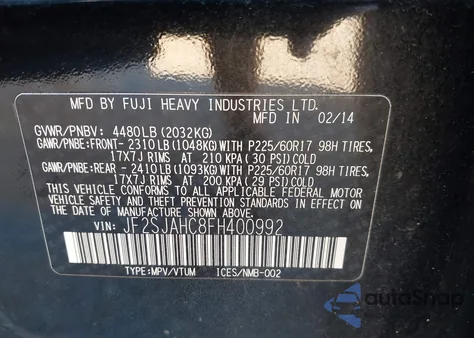 2015 Subaru Forester 2.5I Limited from USA, damaged, VIN JF2SJAHC8FH400992